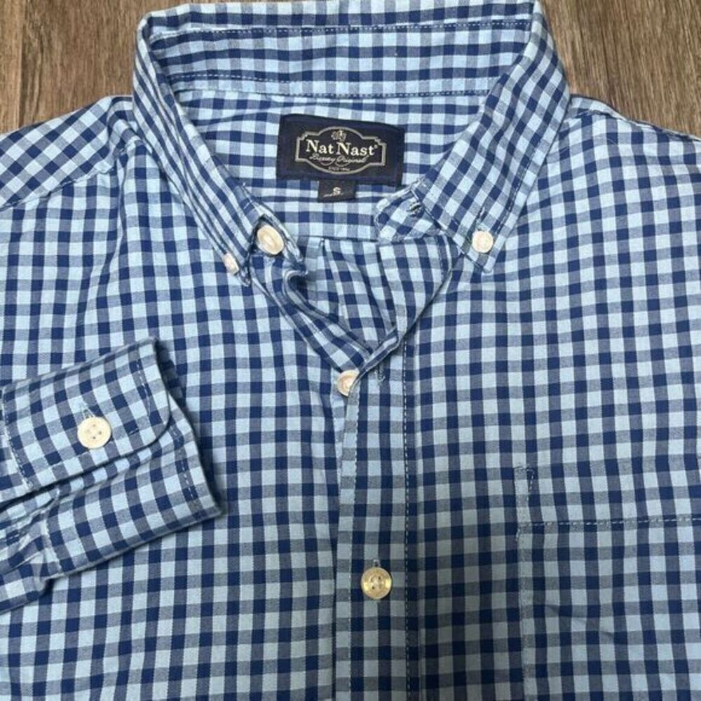 Nat Nast Gingham Check Shirt Mens Small  Blue Button Up Long‎ Sleeve